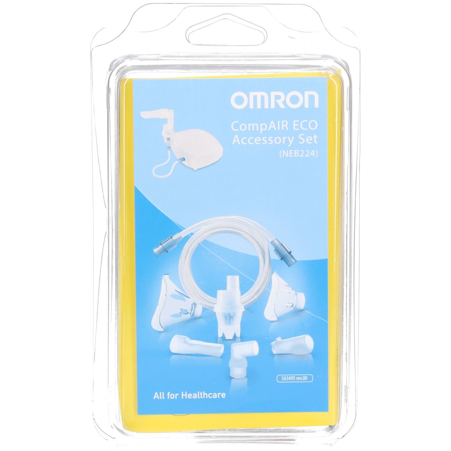 Omron CompAir ECO Accessoireset (NEB224) in blisterverpakking. Bevat maskers, slang, mondstuk en andere onderdelen.