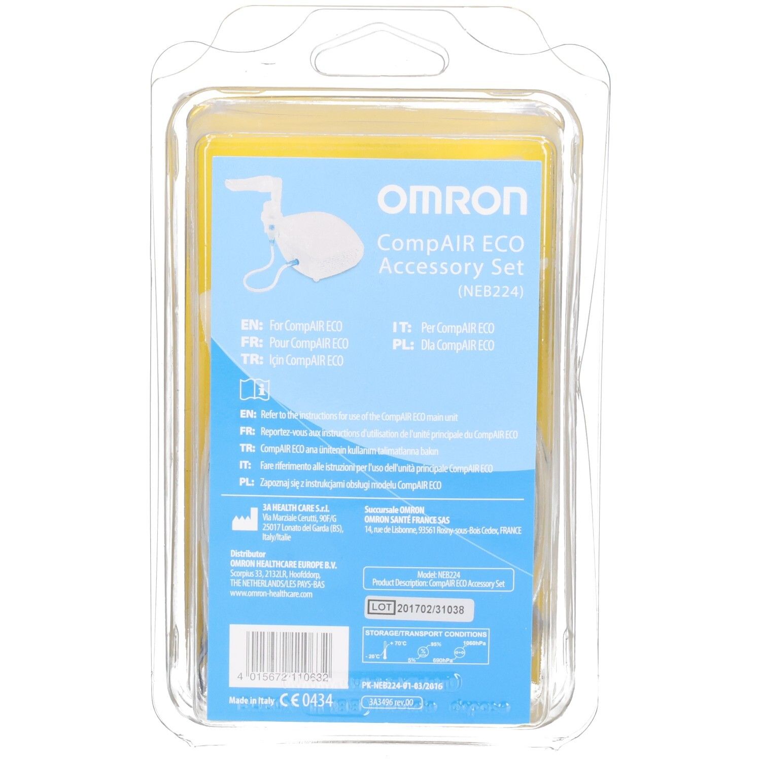 Achterkant van de blisterverpakking van de Omron CompAir ECO Accessoireset (NEB224). Meertalige tekst, CE-markering.