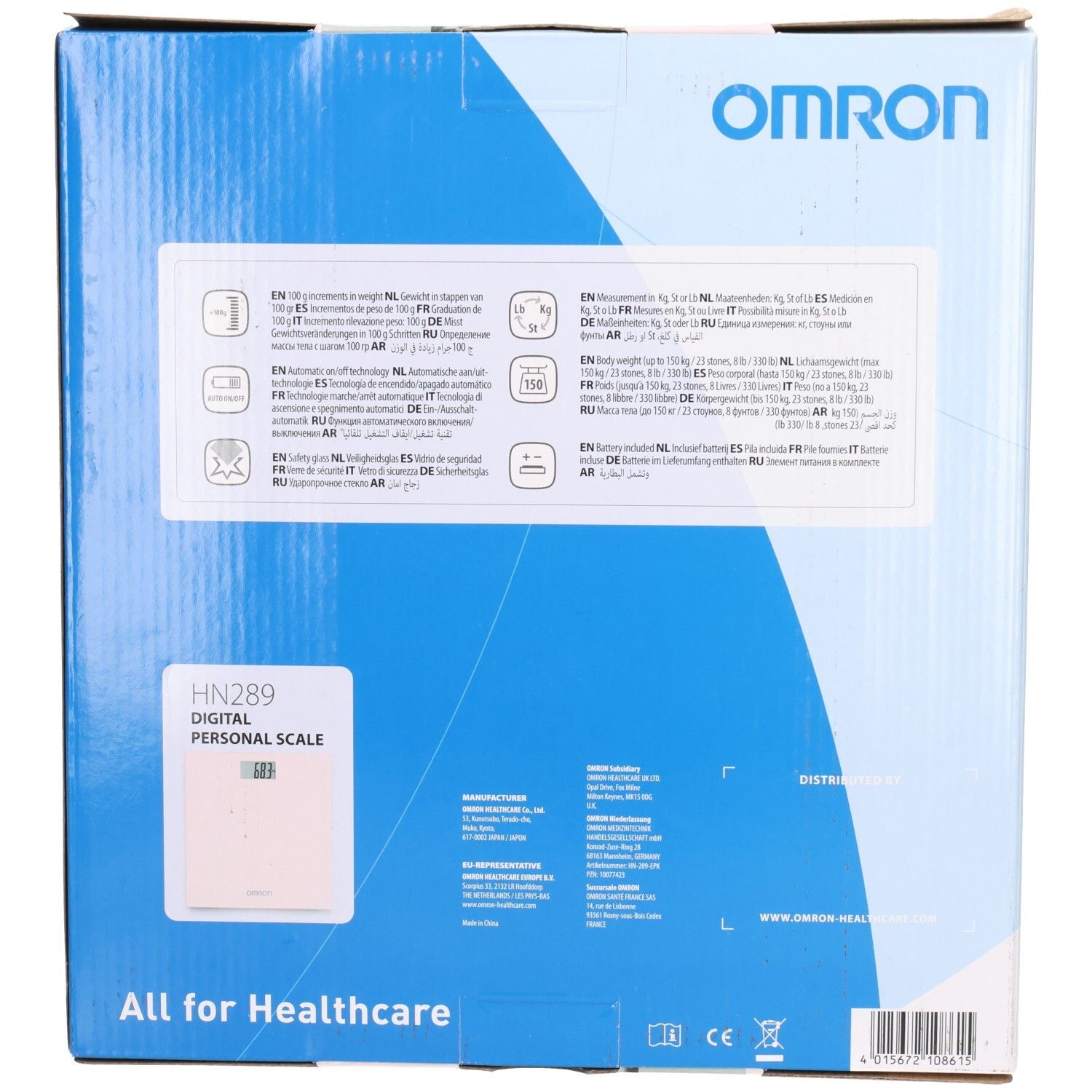 Achterkant van de verpakking. Productnaam en logo. Informatie en pictogrammen. OMRON-logo. Tekst in meerdere talen.