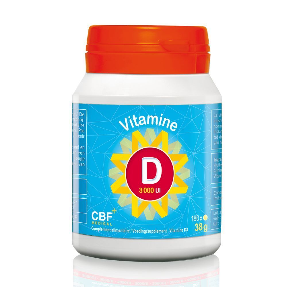 Witte fles, oranje dop. Opschrift: Vitamine D 3000 UI. Merk CBF MEDICAL. 180 capsules.