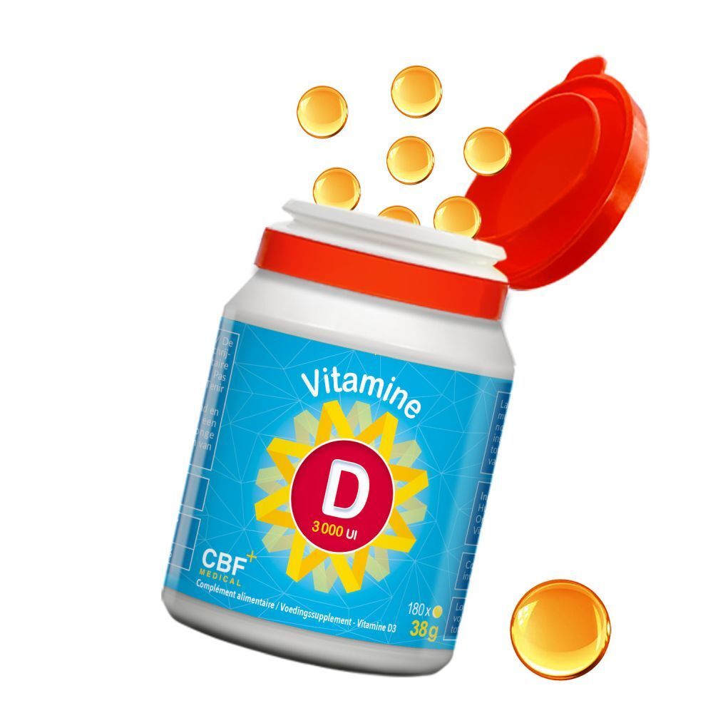 Flacon avec bouchon ouvert. Gélules qui tombent. Inscription: Vitamine D 3000 UI. Marque CBF MEDICAL.