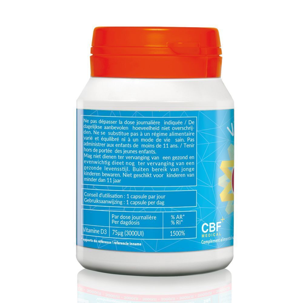 Achterkant fles met open dop. Tekst: Gebruiksaanwijzing, Vitamine D3 75µg (3000UI). Merk CBF MEDICAL.