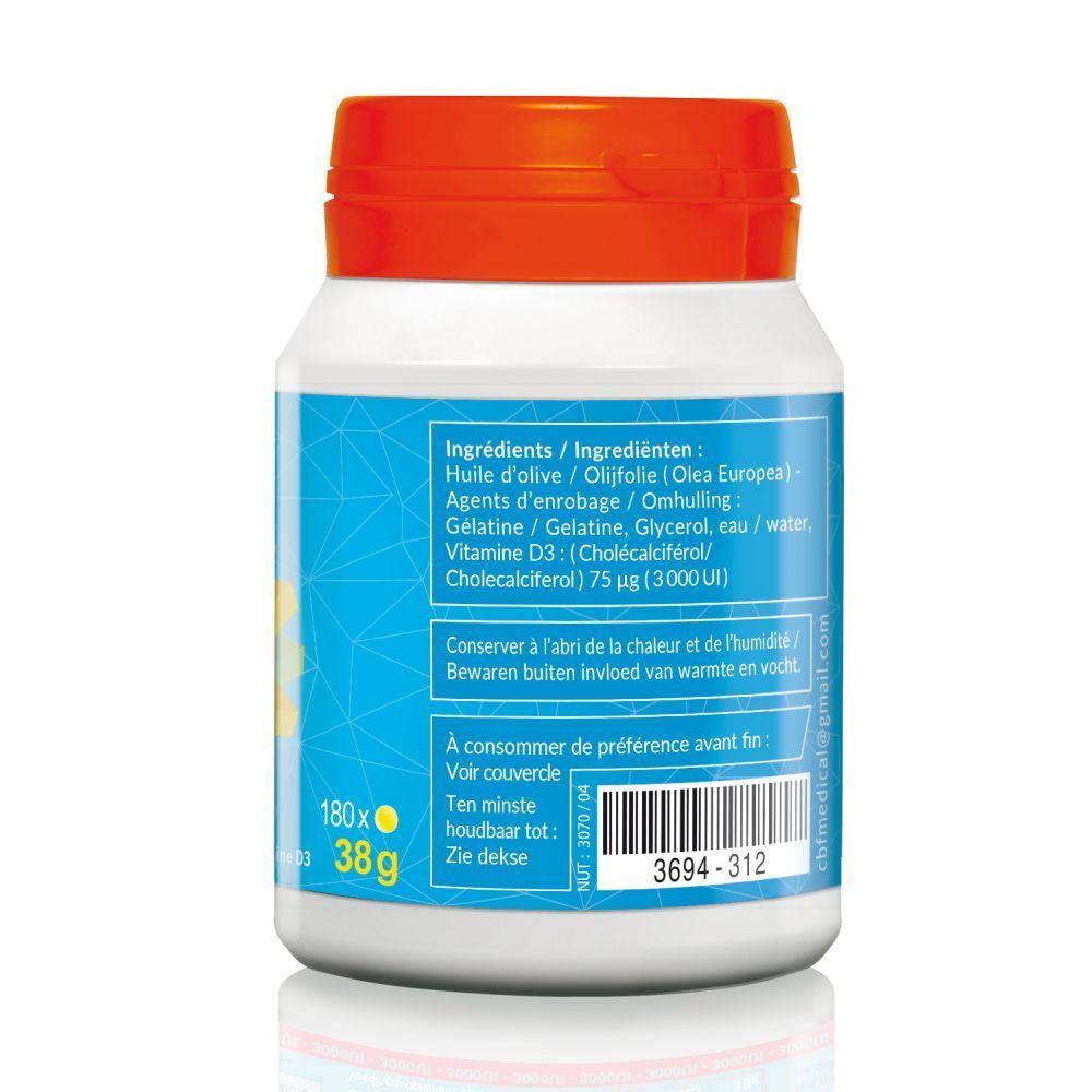 Achterkant fles met open dop. Tekst: Ingrediënten, Vitamine D3 75µg (3000UI). Barcode.