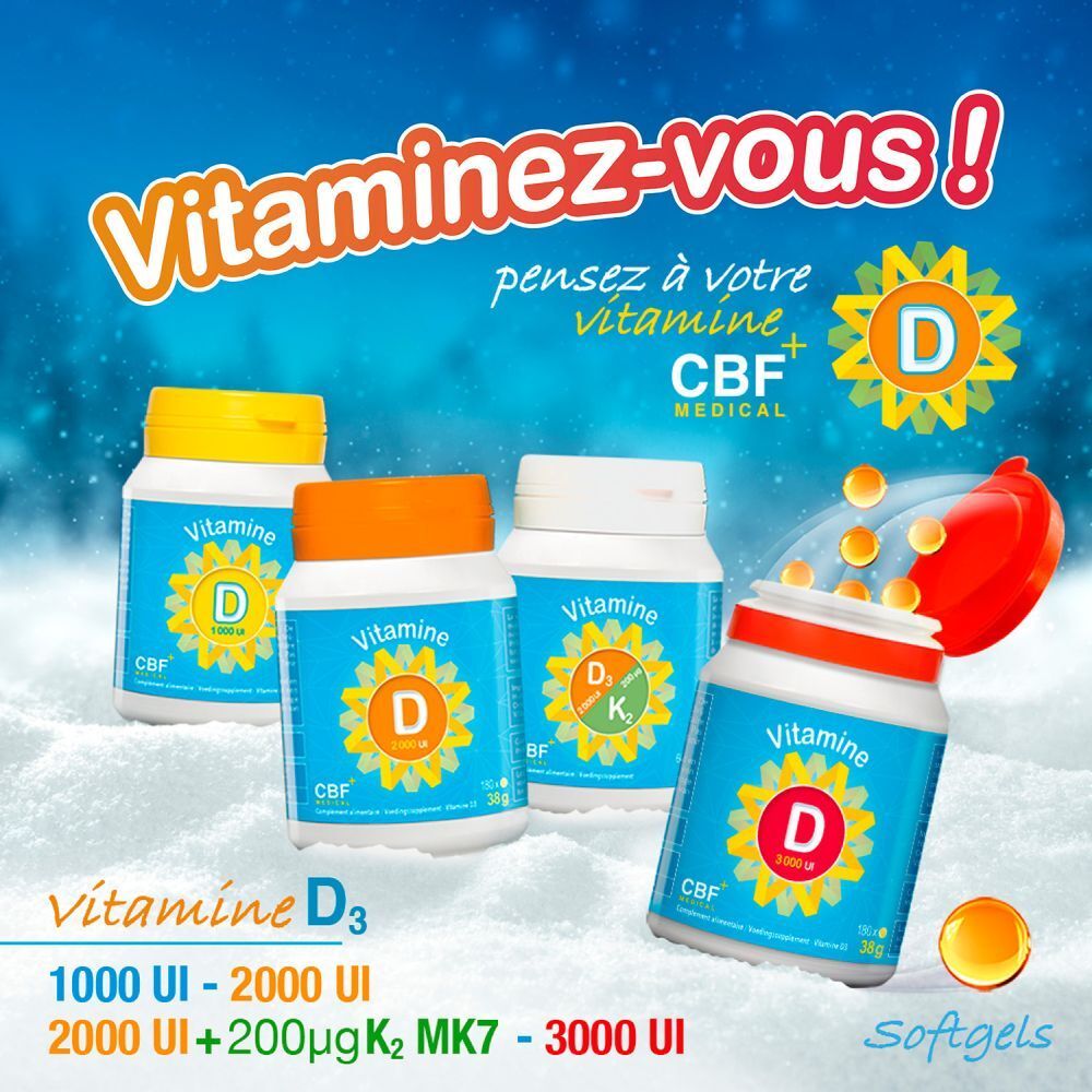 Plusieurs flacons de vitamine D. Inscription: Vitamine D. Marque CBF MEDICAL. Différents formats.