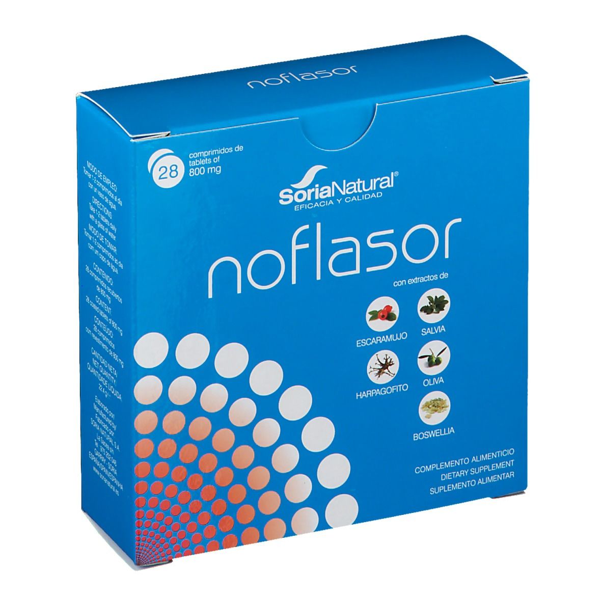Boîte bleue 'noflasor', 28 comprimés. Logo 'Soria Natural'. Extraits d'églantier, sauge, olive. Complément alimentaire.