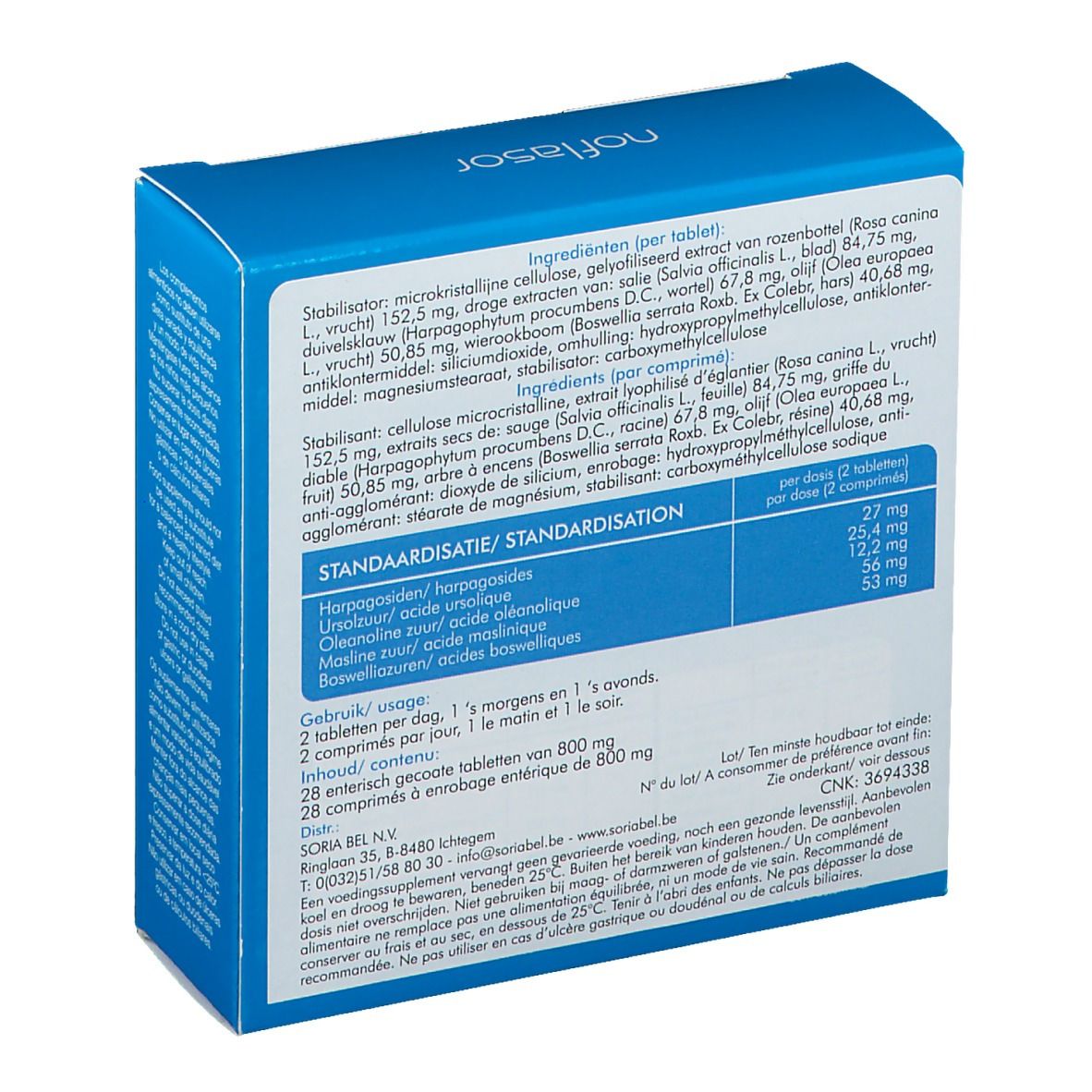 Boîte bleue, dos avec ingrédients et dosage. 'noflasor'. 'Soria Natural'. Texte multilingue.