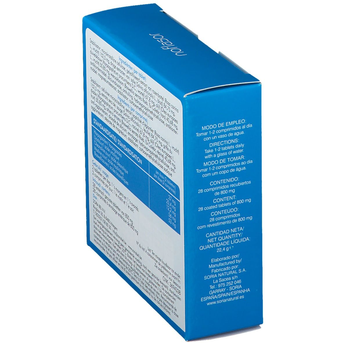 Boîte bleue, côté avec instructions d'utilisation. 'noflasor'. 'Soria Natural'. Texte multilingue.