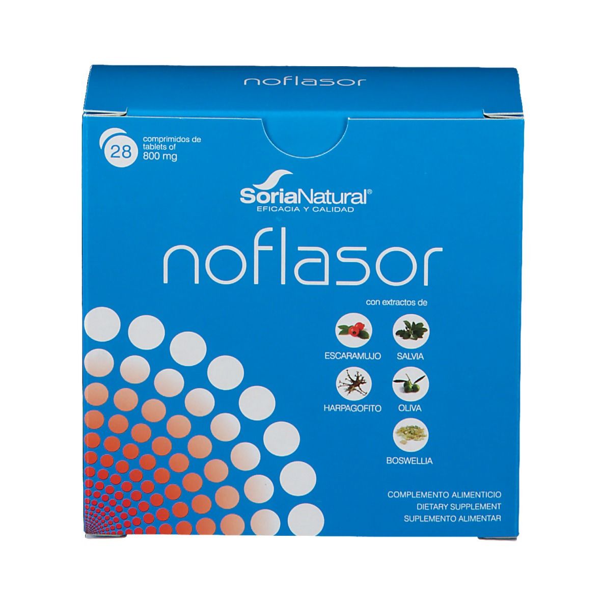 Boîte bleue 'noflasor', 28 comprimés. Logo 'Soria Natural'. Extraits d'églantier, sauge, olive. Complément alimentaire.