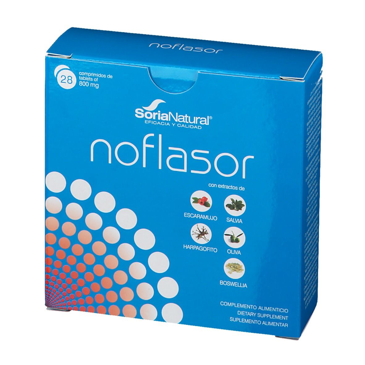 Boîte bleue 'noflasor', 28 comprimés. Logo 'Soria Natural'. Extraits d'églantier, sauge, olive. Complément alimentaire.
