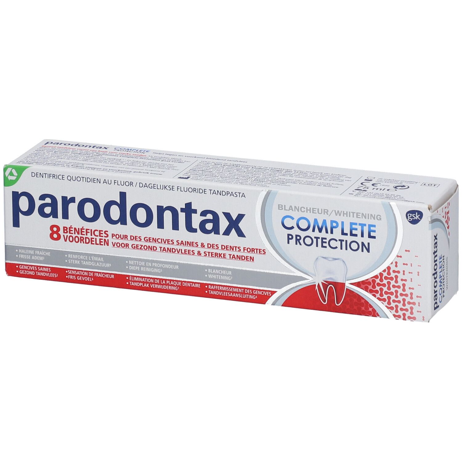 Emballage de dentifrice Parodontax Complete Protection Whitening. Boîte blanche, rouge et bleue avec informations.