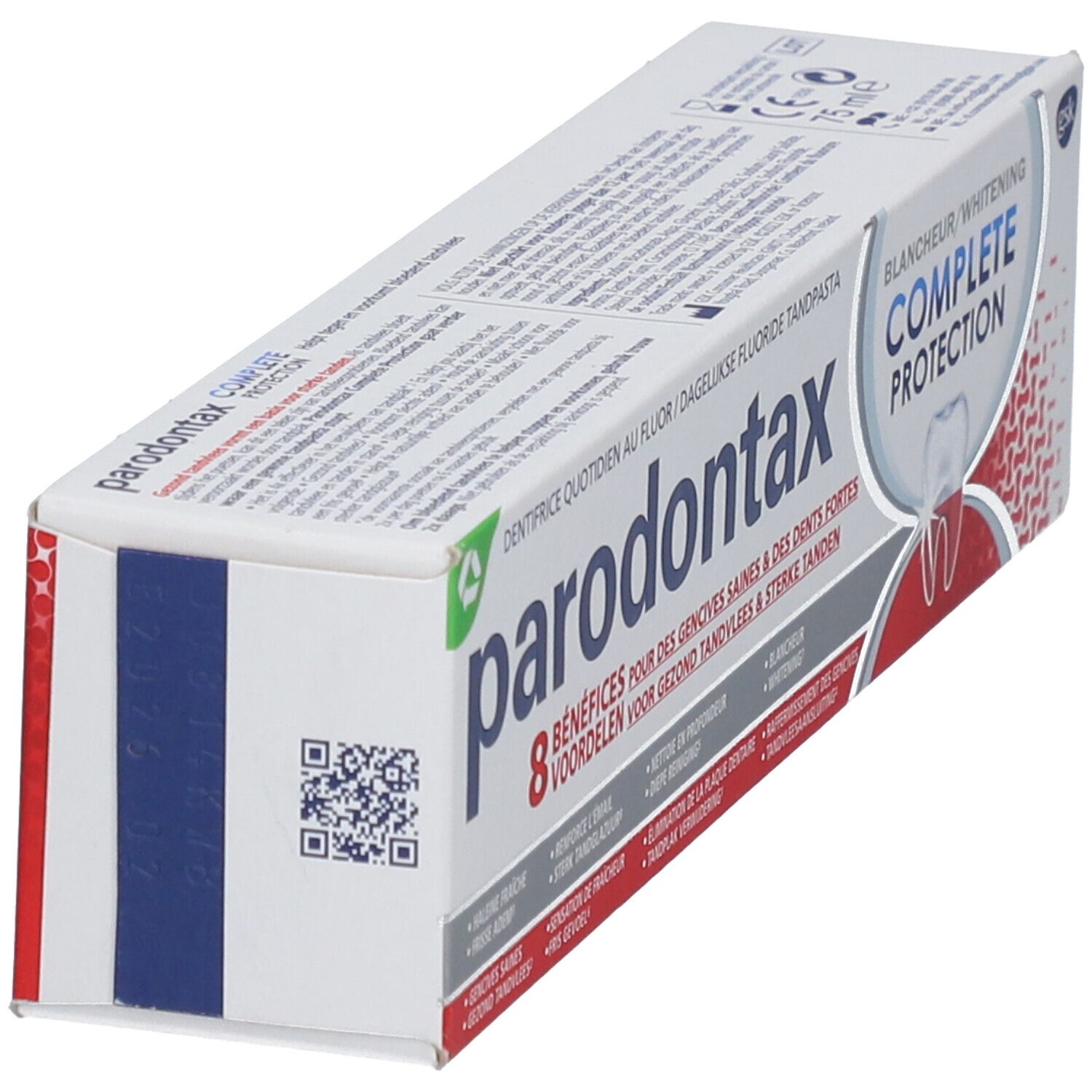 Emballage de dentifrice Parodontax Complete Protection Whitening. Boîte avec informations et code QR.