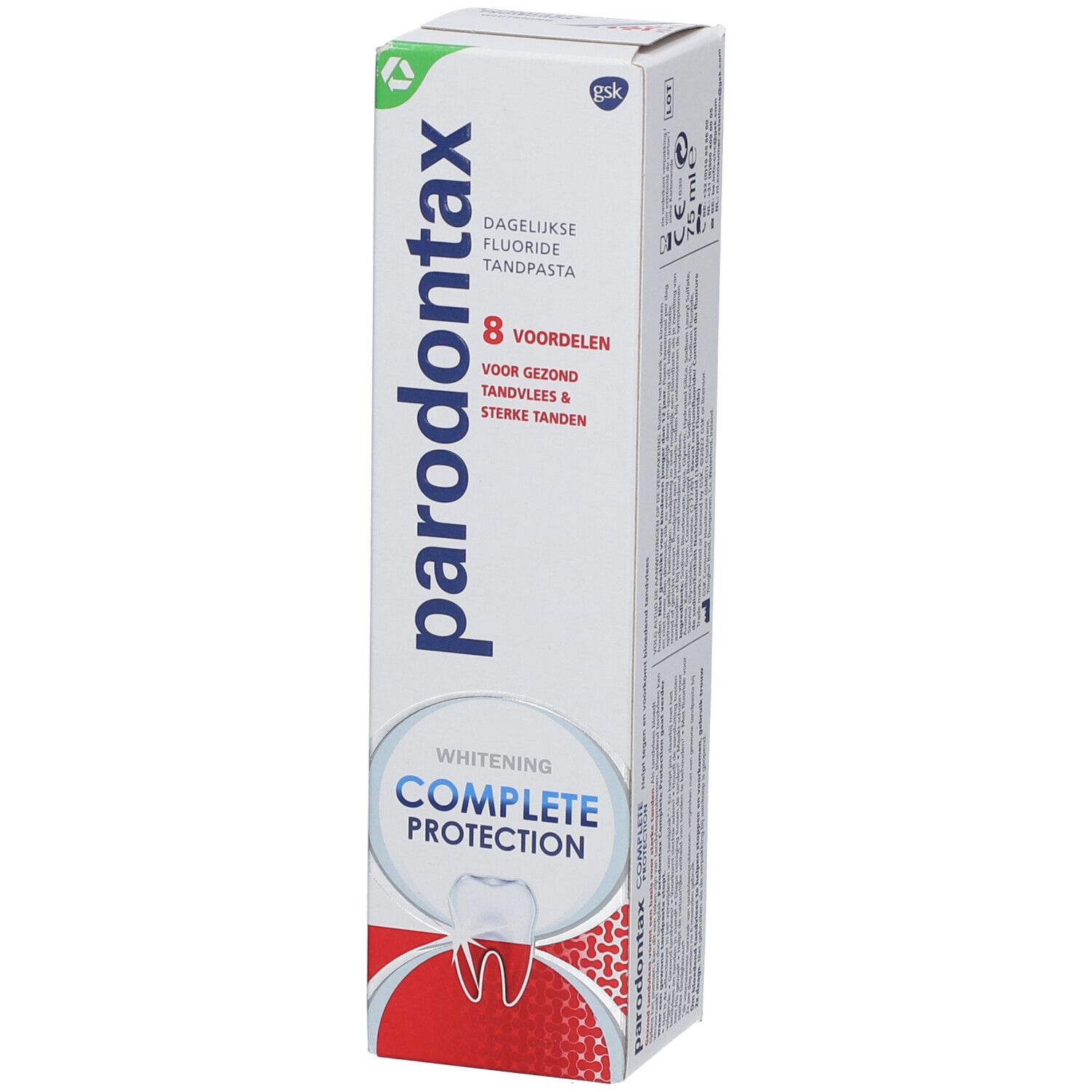 Emballage de dentifrice Parodontax Complete Protection Whitening. Boîte blanche avec informations.
