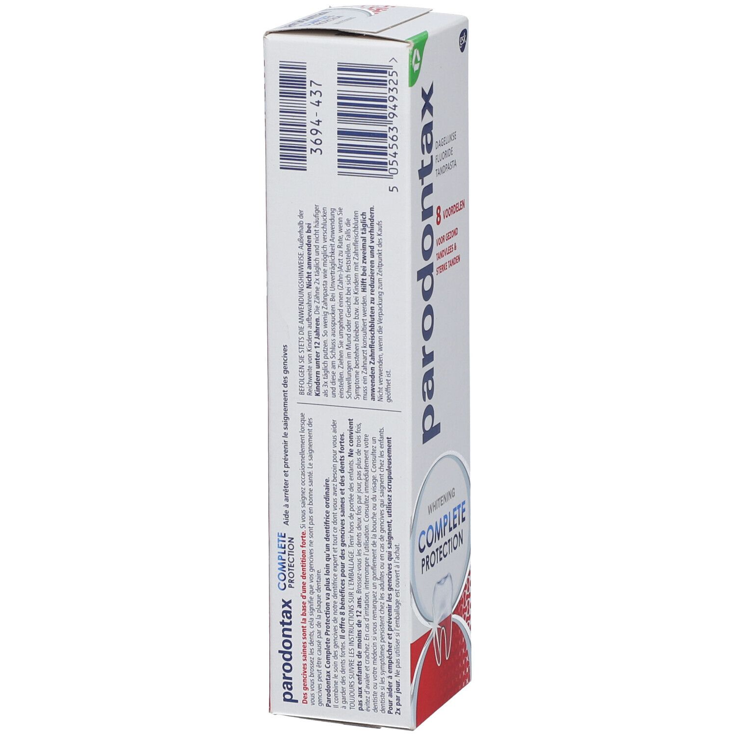 Emballage de dentifrice Parodontax Complete Protection Whitening. Arrière de la boîte avec texte.