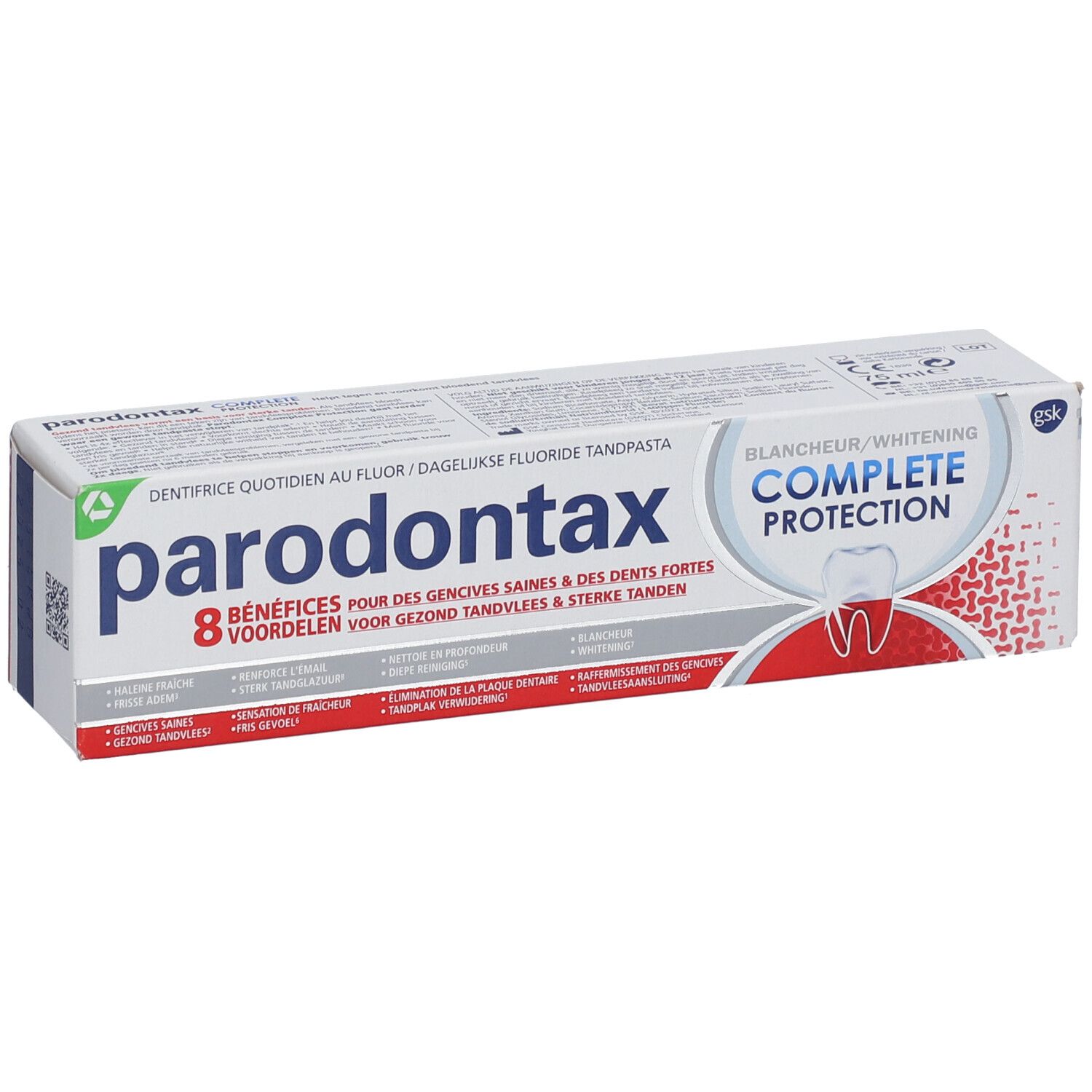 Emballage de dentifrice Parodontax Complete Protection Whitening. Boîte blanche avec informations.