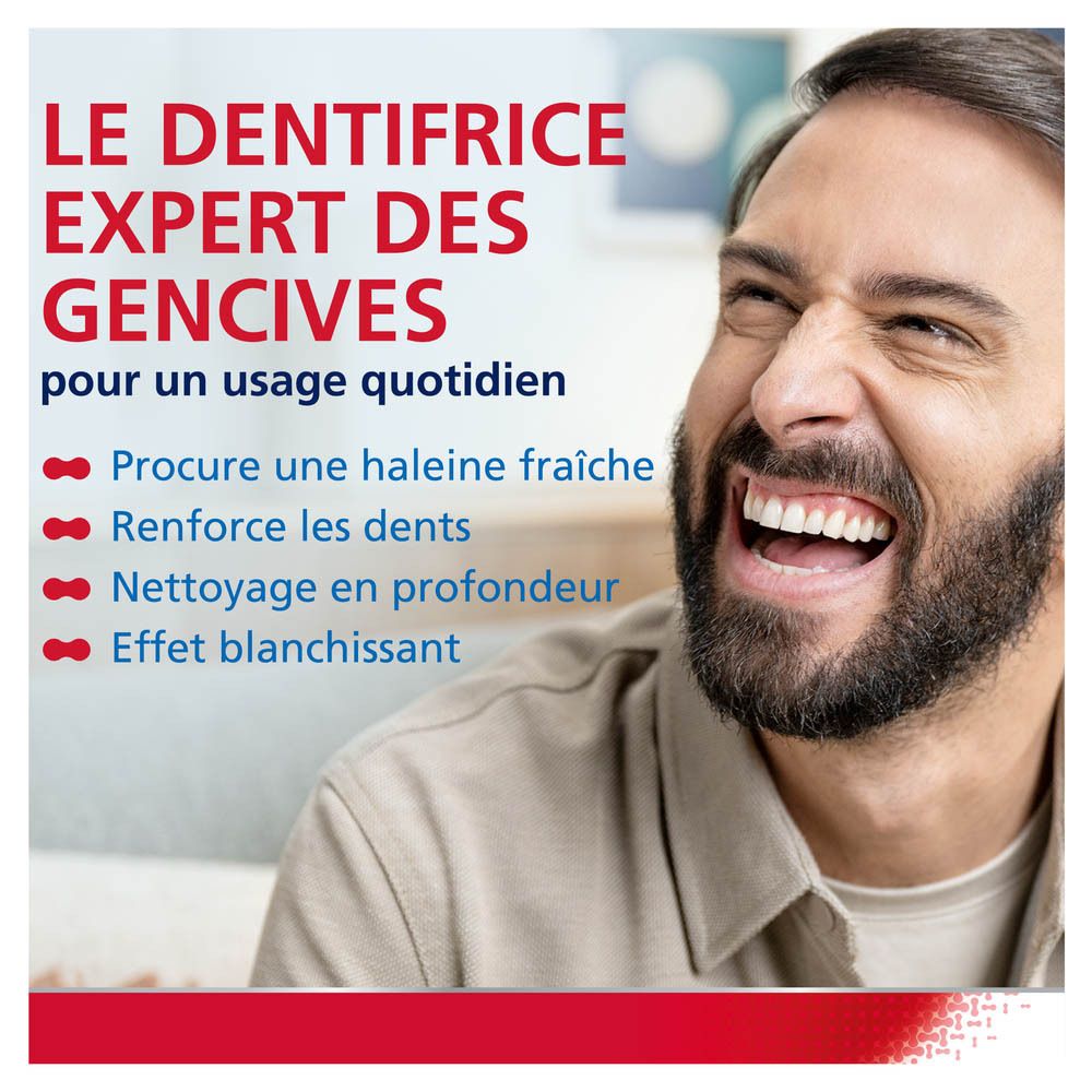 Homme souriant. Le dentifrice expert des gencives pour un usage quotidien.
