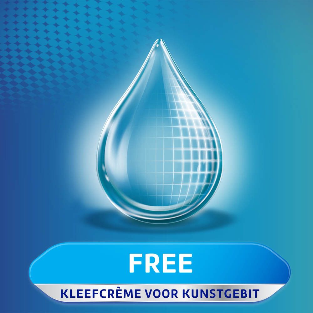 Druppelvormige weergave met de tekst: Free. Blauwe tekst op blauwe achtergrond.