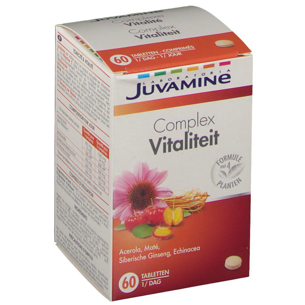 Boîte de Juvamine Complexe Vitaliteit. Inscription: 60 comprimés, 1 jour. Illustration du produit avec acérola, ginseng et échinacée.
