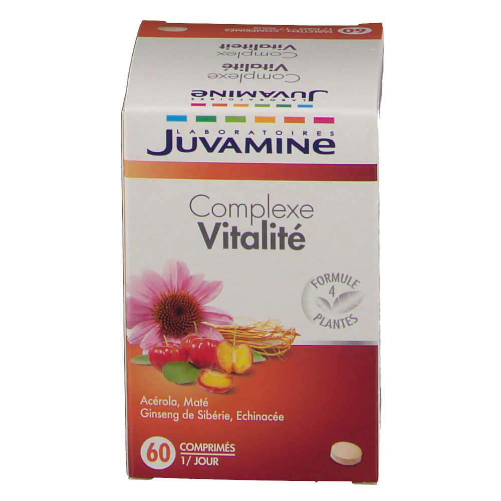 Boîte de Juvamine Complexe Vitalité. Inscription: 60 comprimés, 1 jour. Illustration du produit avec acérola, ginseng et échinacée.