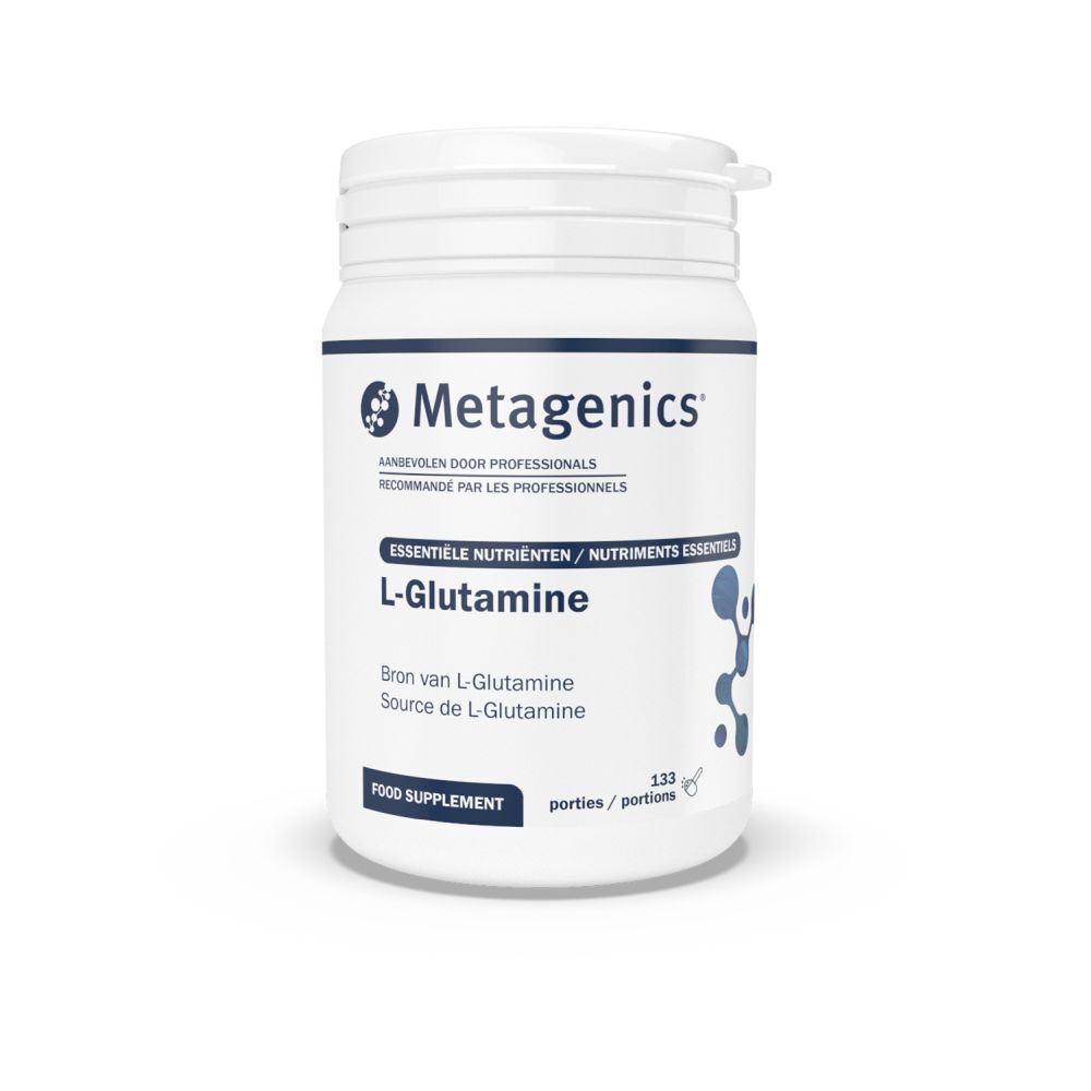 Witte pot L-Glutamine. Opschrift: Metagenics, 133 porties, 400g.