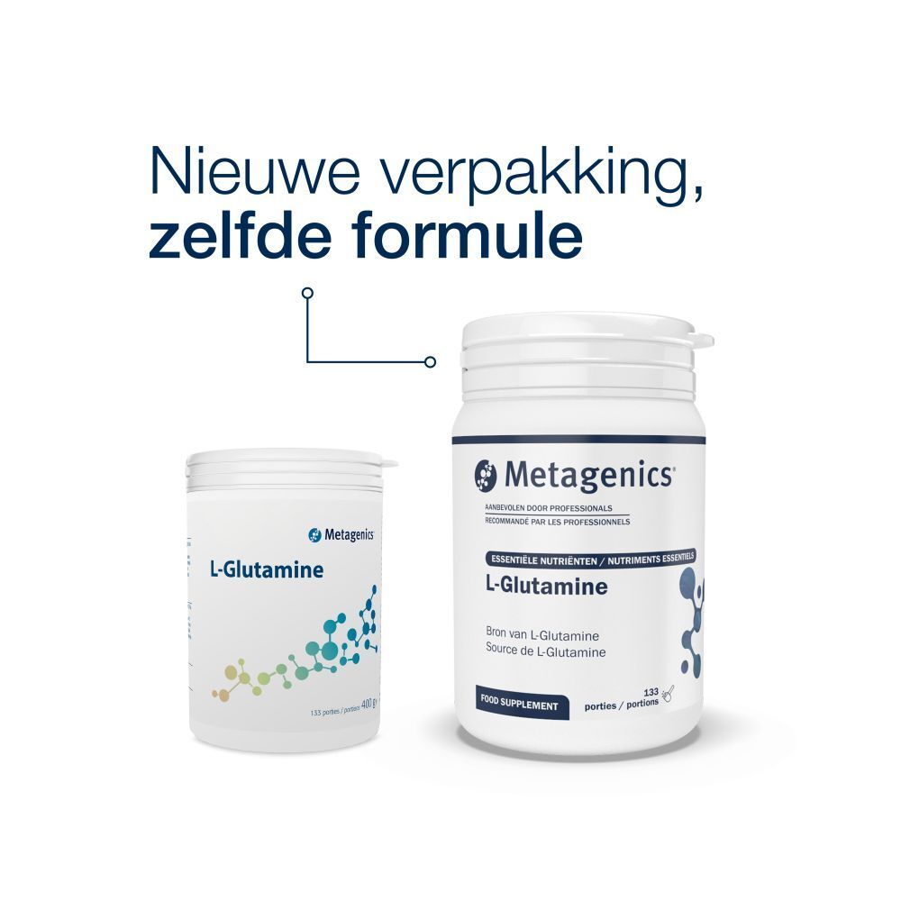 Witte pot L-Glutamine. Opschrift: Metagenics, 133 porties, 400g.