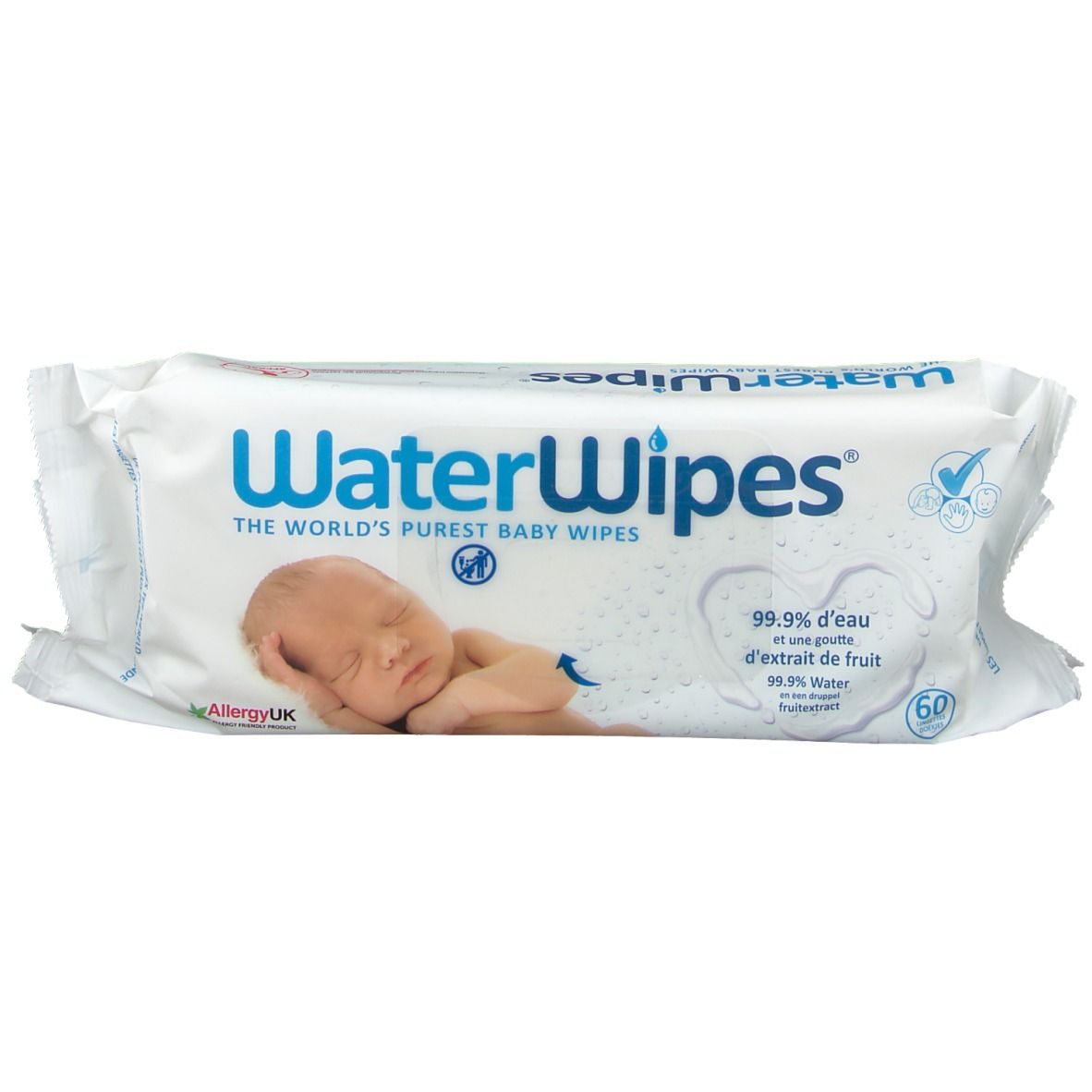 Witte WaterWipes verpakking met baby. Bevat 60 doekjes. AllergyUK-certificering.
