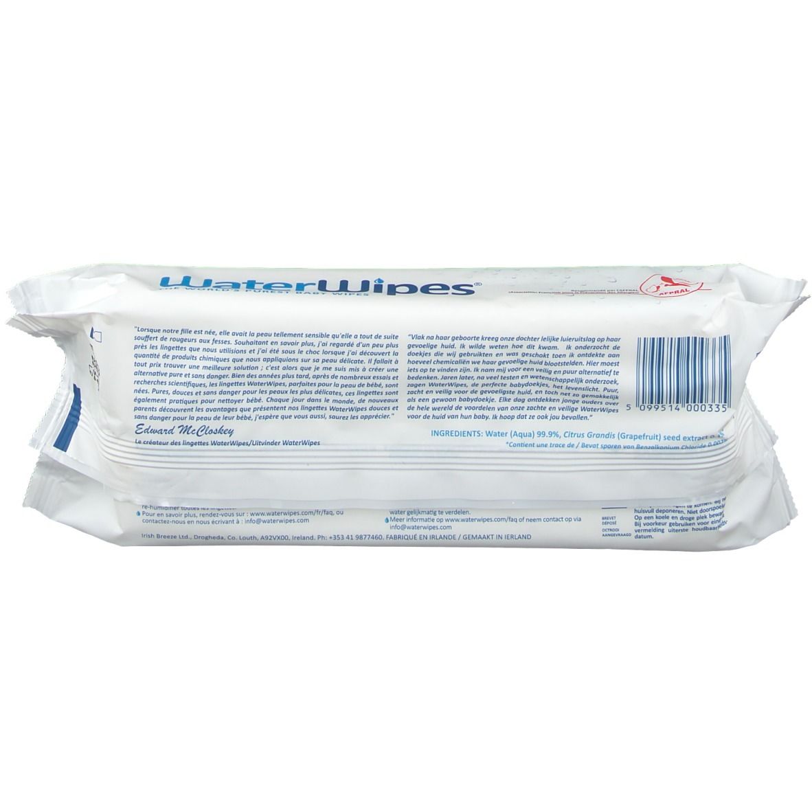 Achterkant van de WaterWipes verpakking. Meertalige tekst, ingrediënten en barcode.