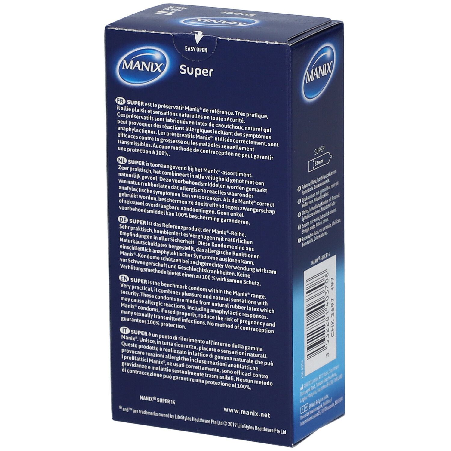 Boîte MANIX® Super. Description du produit au dos. Informations en plusieurs langues.