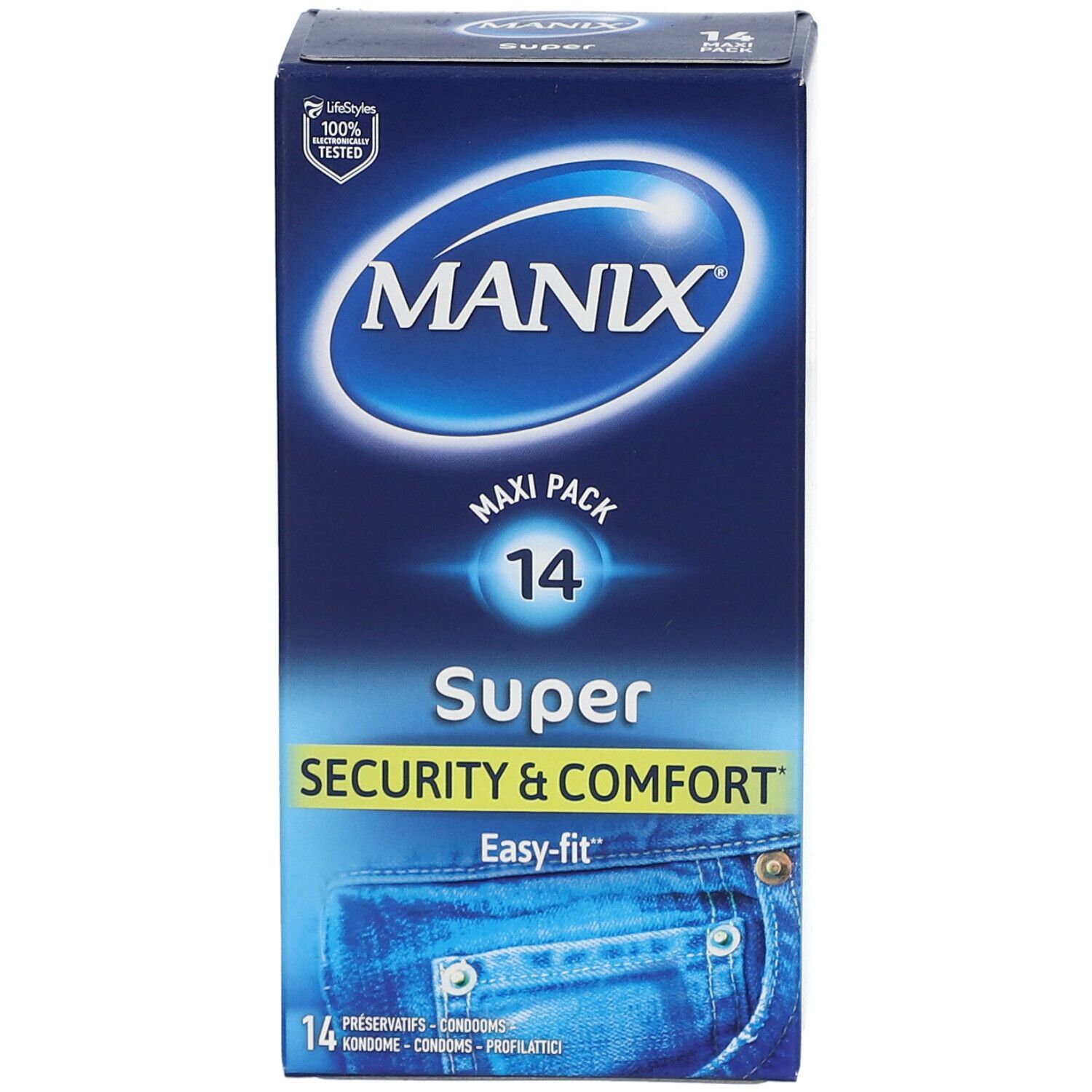 Boîte MANIX® Super, Maxi Pack 14. "Security & Comfort" et Easy-fit. Emballage bleu avec motif jean.
