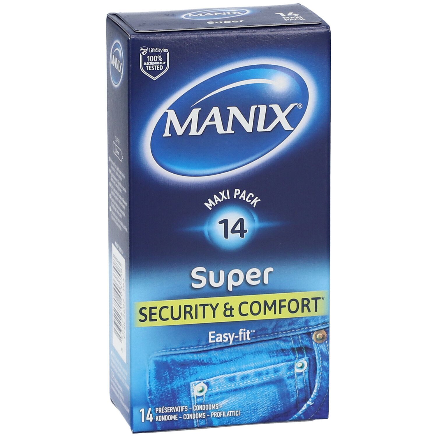 Boîte MANIX® Super, Maxi Pack 14. "Security & Comfort" et Easy-fit. Emballage bleu avec motif jean.