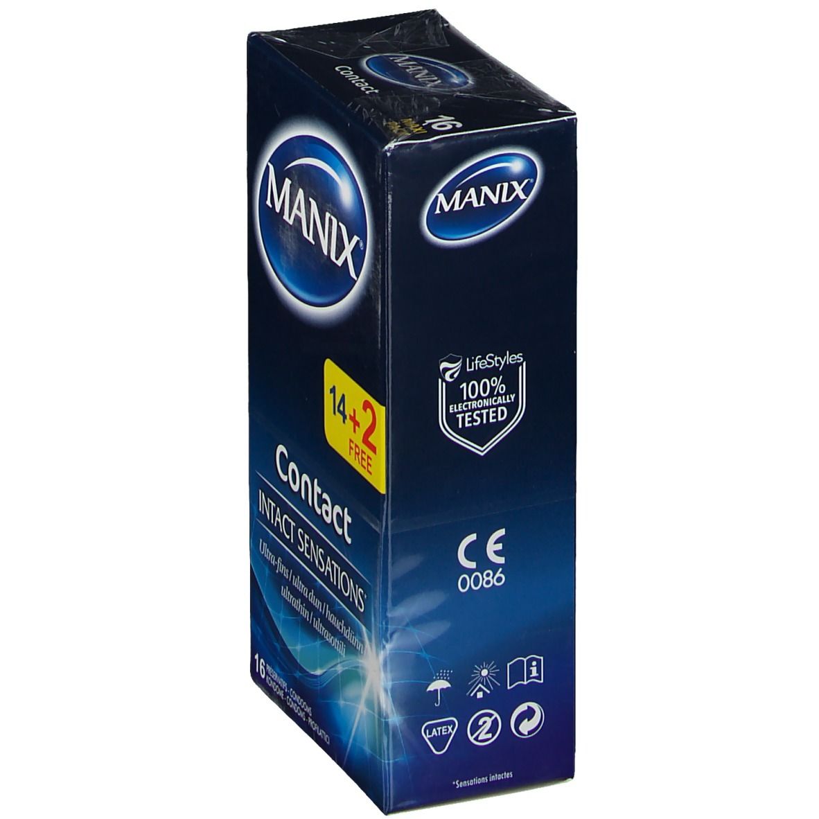 Verpakking van MANIX® Contact condooms. Blauwe doos met merklogo en productnaam. 14+2 gratis. CE-markering.