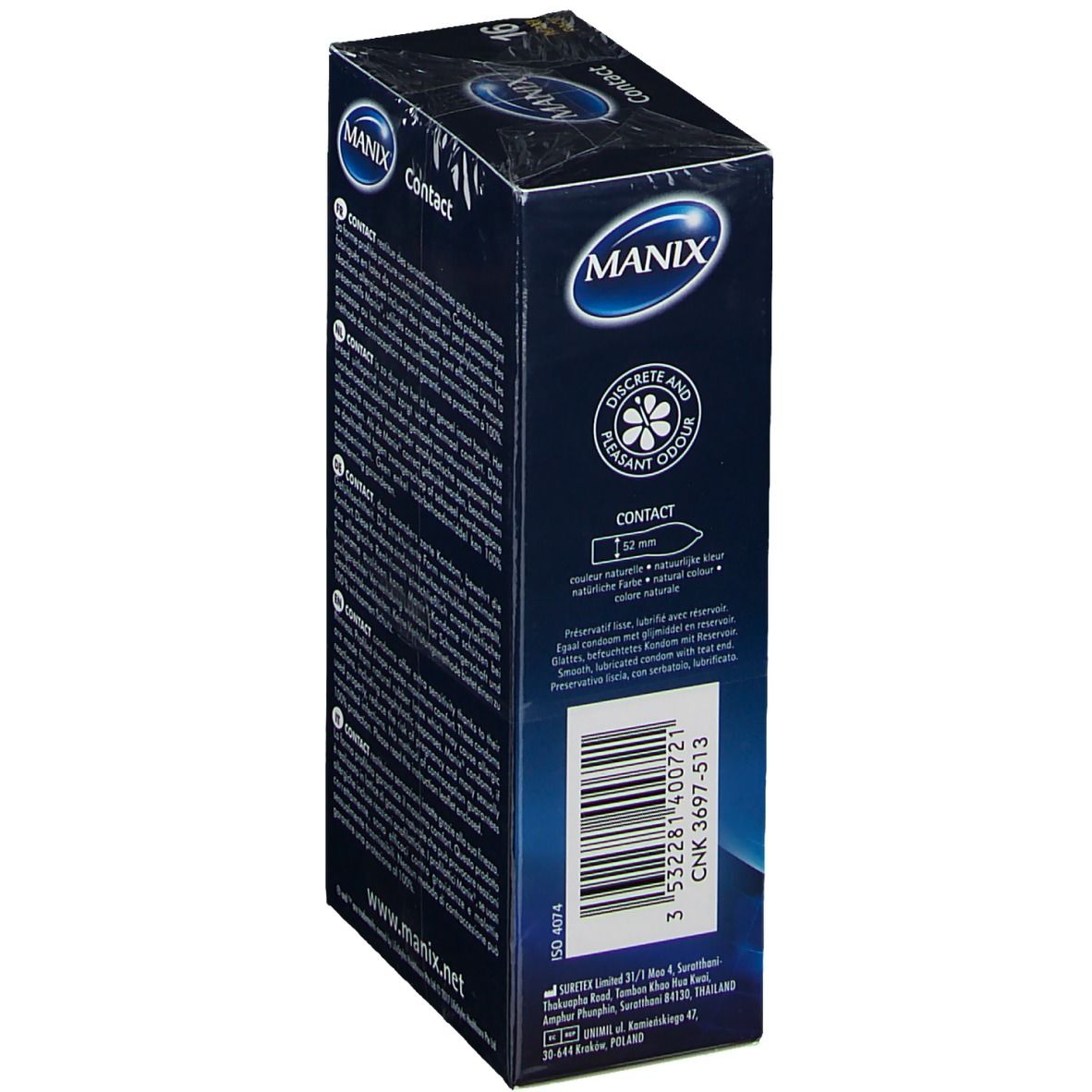 Zijkant van de verpakking van MANIX® Contact condooms. Tekst, barcode en merklogo. Productnaam en geurindicatie.
