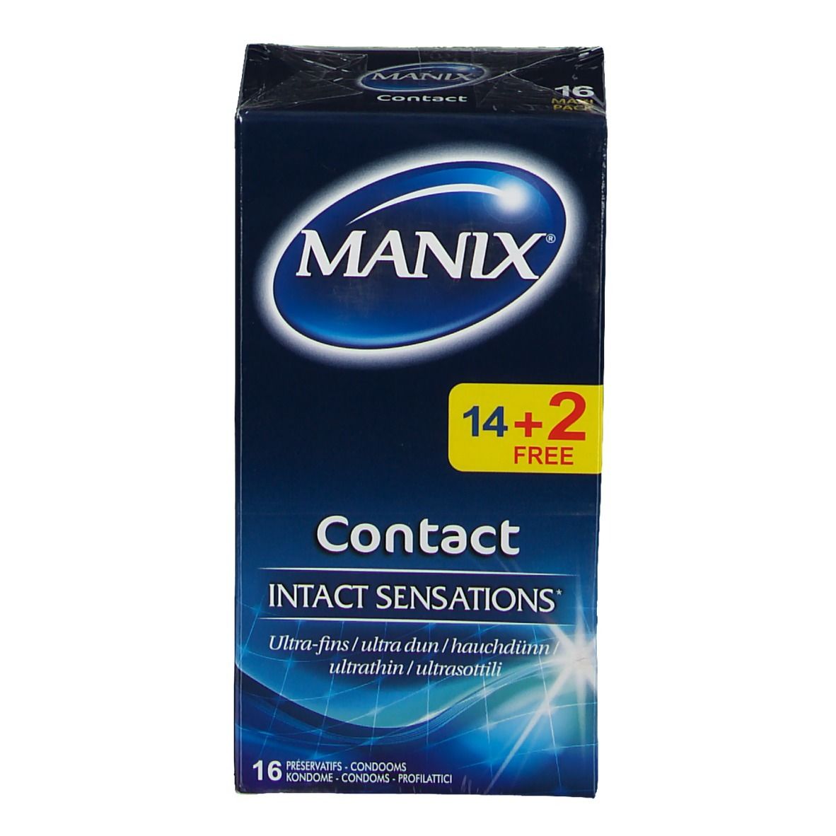 Voorkant van de verpakking van MANIX® Contact condooms. Merklogo, productnaam en 14+2 gratis. 16 condooms.