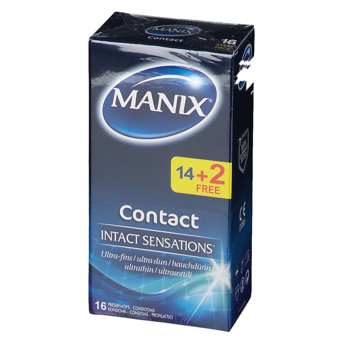 Voorkant van de verpakking van MANIX® Contact condooms. Merklogo, productnaam en 14+2 gratis. 16 condooms.