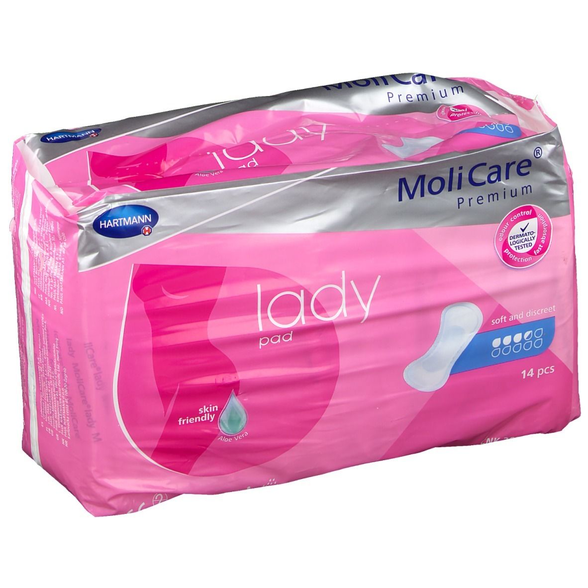 Roze verpakking MoliCare® Premium Lady pad. Bevat 14 stuks. Huidvriendelijk, zacht en discreet.
