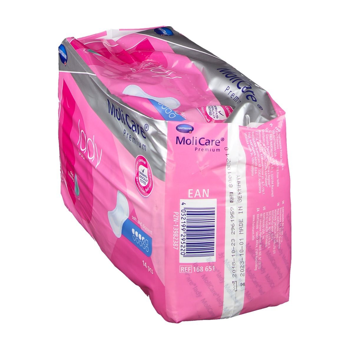 Roze verpakking MoliCare® Premium Lady pad. Bevat 14 stuks. Barcode en productinfo zichtbaar.