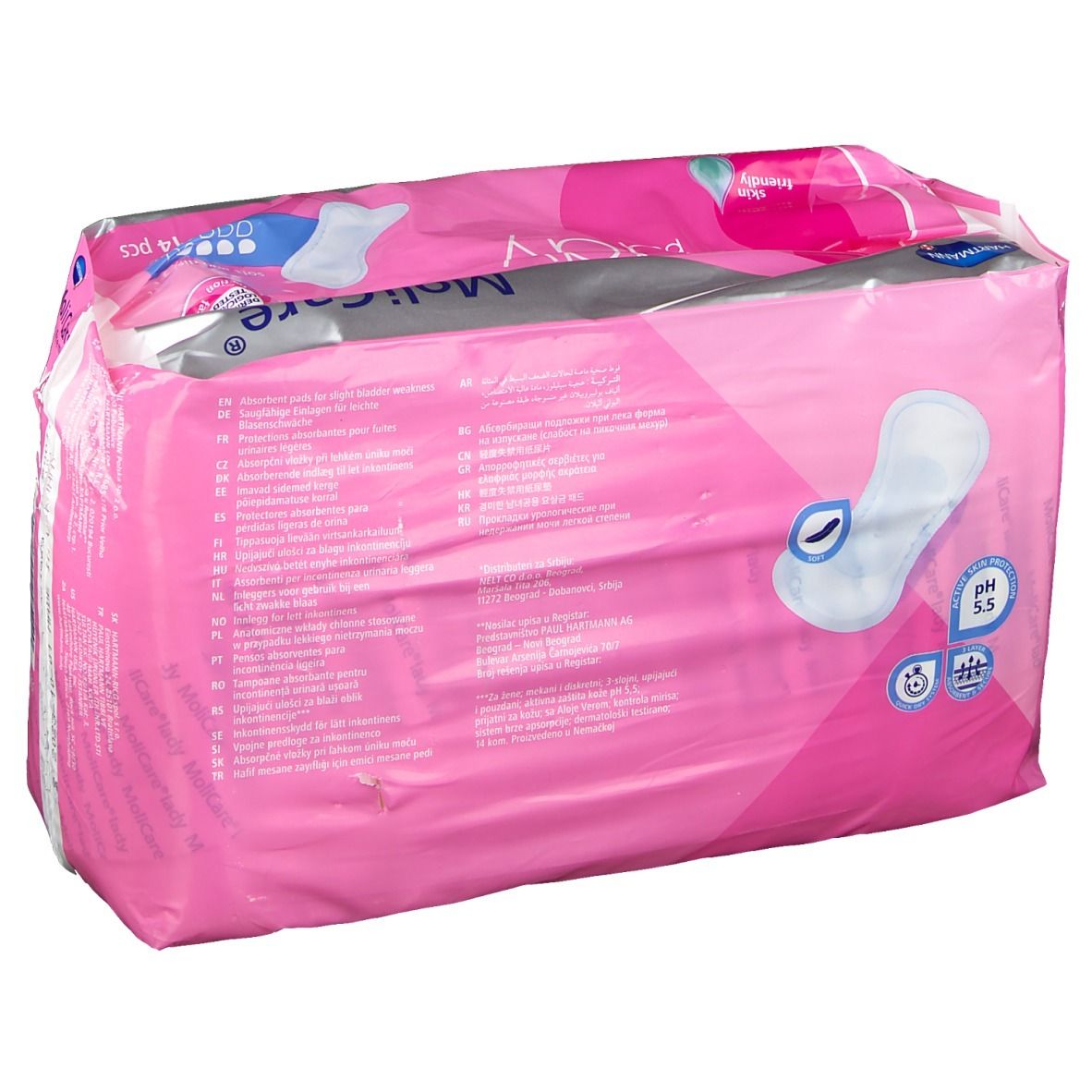 Achterkant roze verpakking MoliCare® Premium Lady pad. pH 5,5. Bevat 14 stuks. Productinformatie.