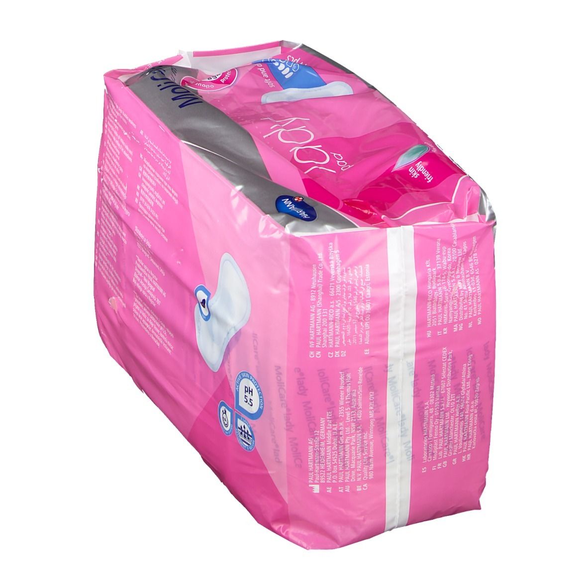 Schuine weergave roze verpakking MoliCare® Premium Lady pad. pH 5,5. Bevat 14 stuks. Productinfo.