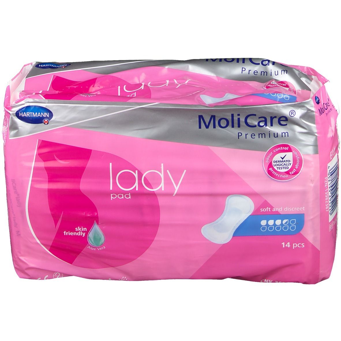 Roze verpakking MoliCare® Premium Lady pad. Bevat 14 stuks. Huidvriendelijk, zacht en discreet.