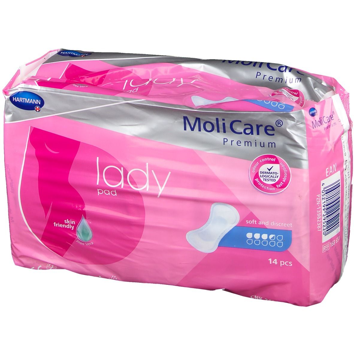 Roze verpakking MoliCare® Premium Lady pad. Bevat 14 stuks. Huidvriendelijk, zacht en discreet. Barcode.