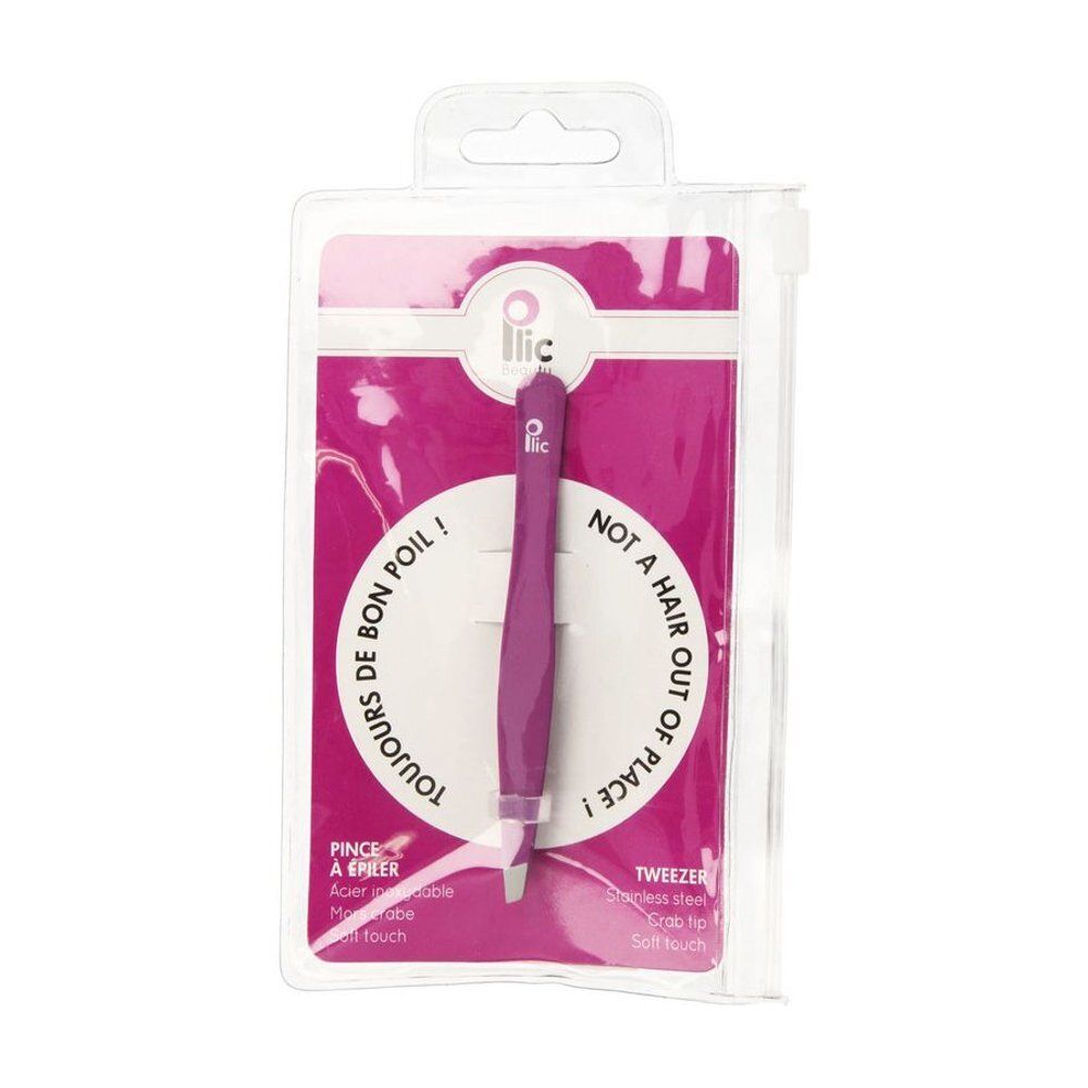 Paarse pincet met gebogen punt in verpakking. Merk Ilic. Opschrift: Toujours de bon poil! en Not a hair out of place!