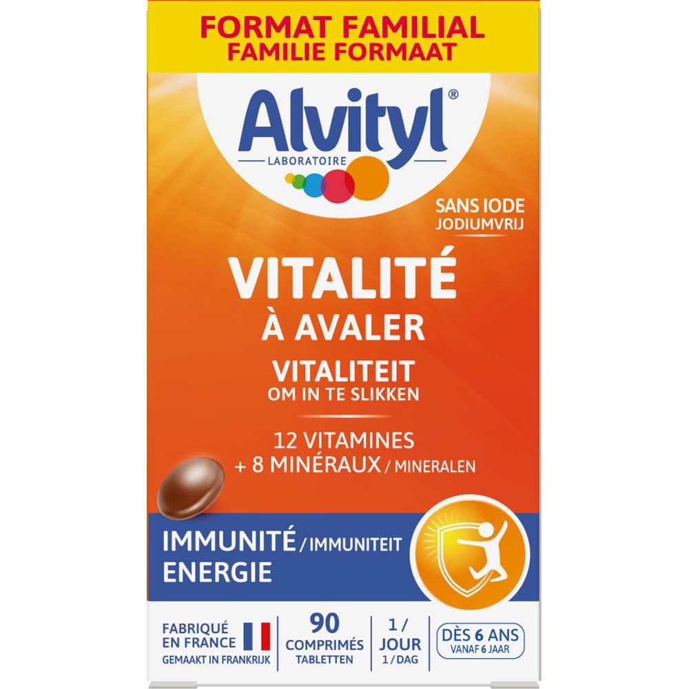 Verpakking Alvityl Vitaliteit. Bevat 12 vitaminen en 8 mineralen. Voor kinderen vanaf 6 jaar.