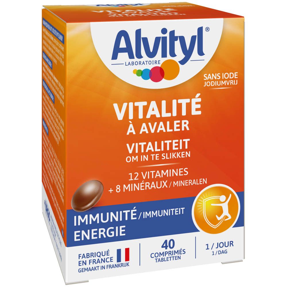 Doos Alvityl Vitaliteit. 12 vitaminen en 8 mineralen. Immuuniteit en energie. Gemaakt in Frankrijk.