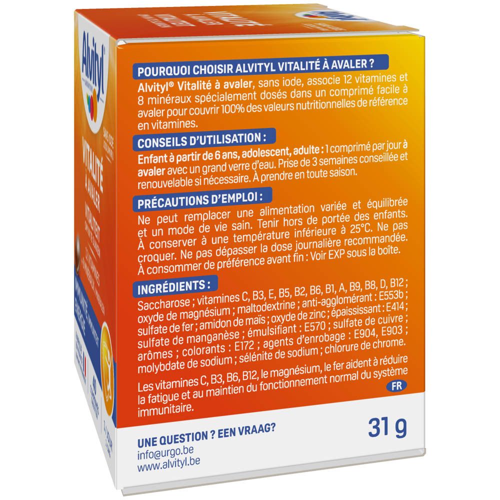 Dos de la boîte Alvityl Vitalité. Ingrédients et informations d'utilisation.