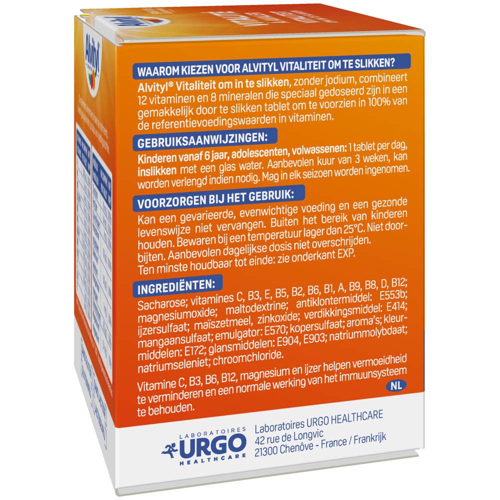 Dos de la boîte Alvityl Vitalité. Informations d'utilisation et ingrédients.