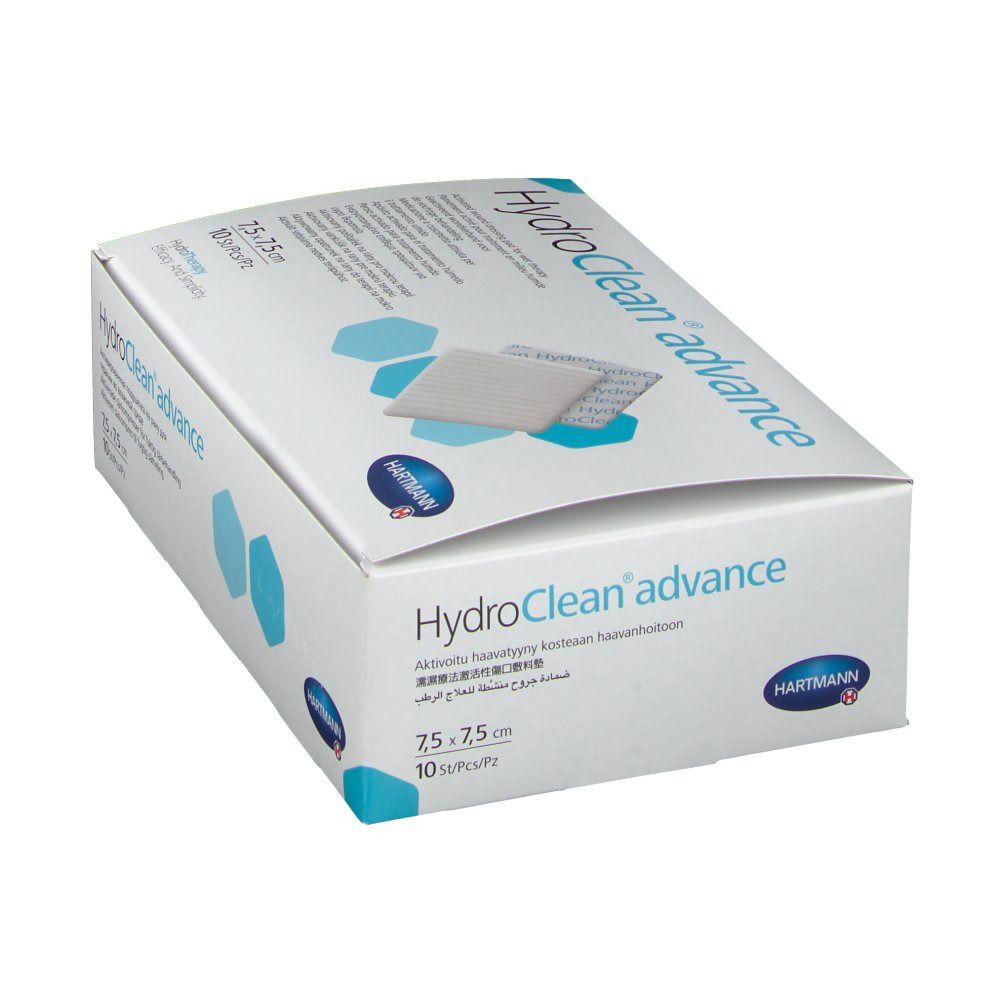 Boîte de HydroClean advance. Inscription : 7,5 x 7,5 cm, 10 pièces/boîte. Marque : Hartmann. La boîte est présentée avec une image du produit.