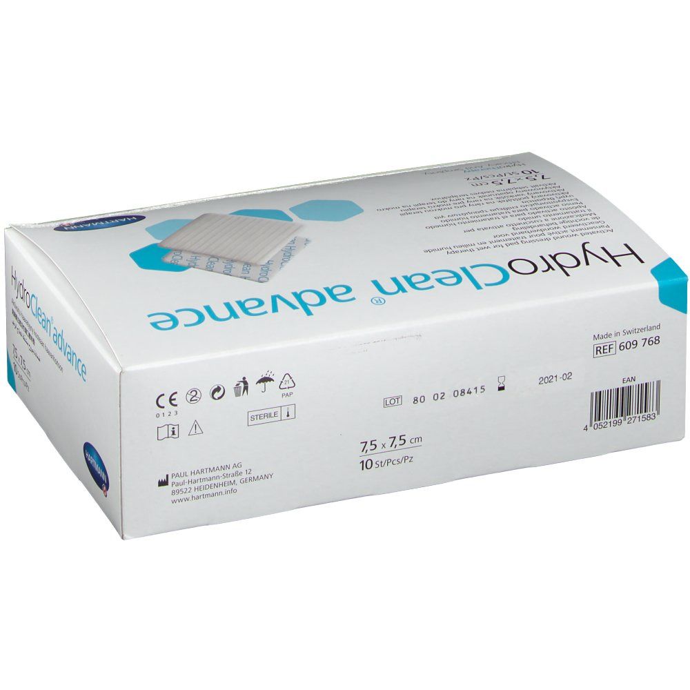 Emballage HydroClean advance. Inscription : 7,5 x 7,5 cm, 10 pièces/boîte. Marque : Hartmann. Avec marquage CE et code-barres. Vue arrière de la boîte.