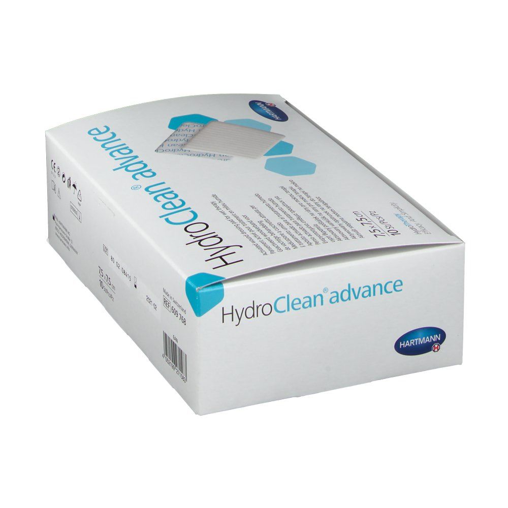Emballage HydroClean advance. Inscription : 7,5 x 7,5 cm, 10 pièces/boîte. Marque : Hartmann. Boîte avec image du produit et logo.