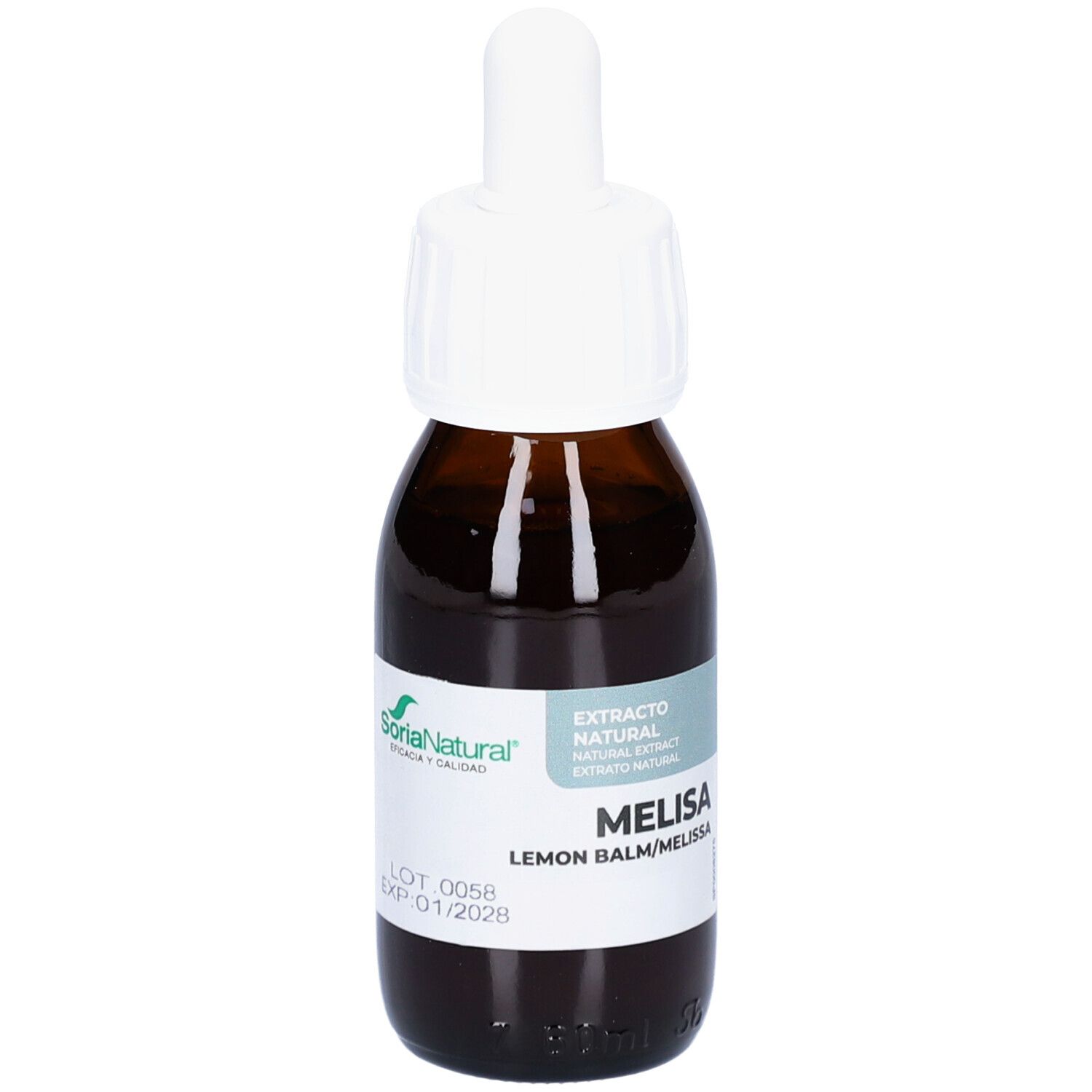 Bruine glazen fles met witte dop en pipet. Etiket met productinformatie. Merk SoriaNatural.