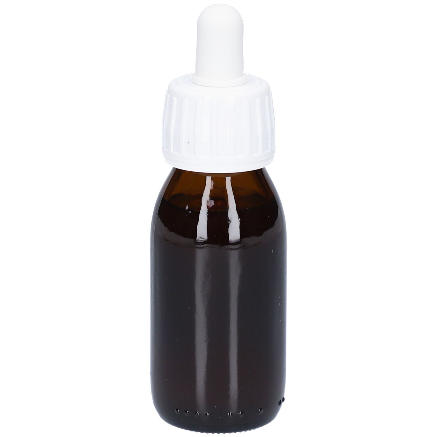 Bruine glazen fles met witte dop en pipet. Geen etiketten zichtbaar.