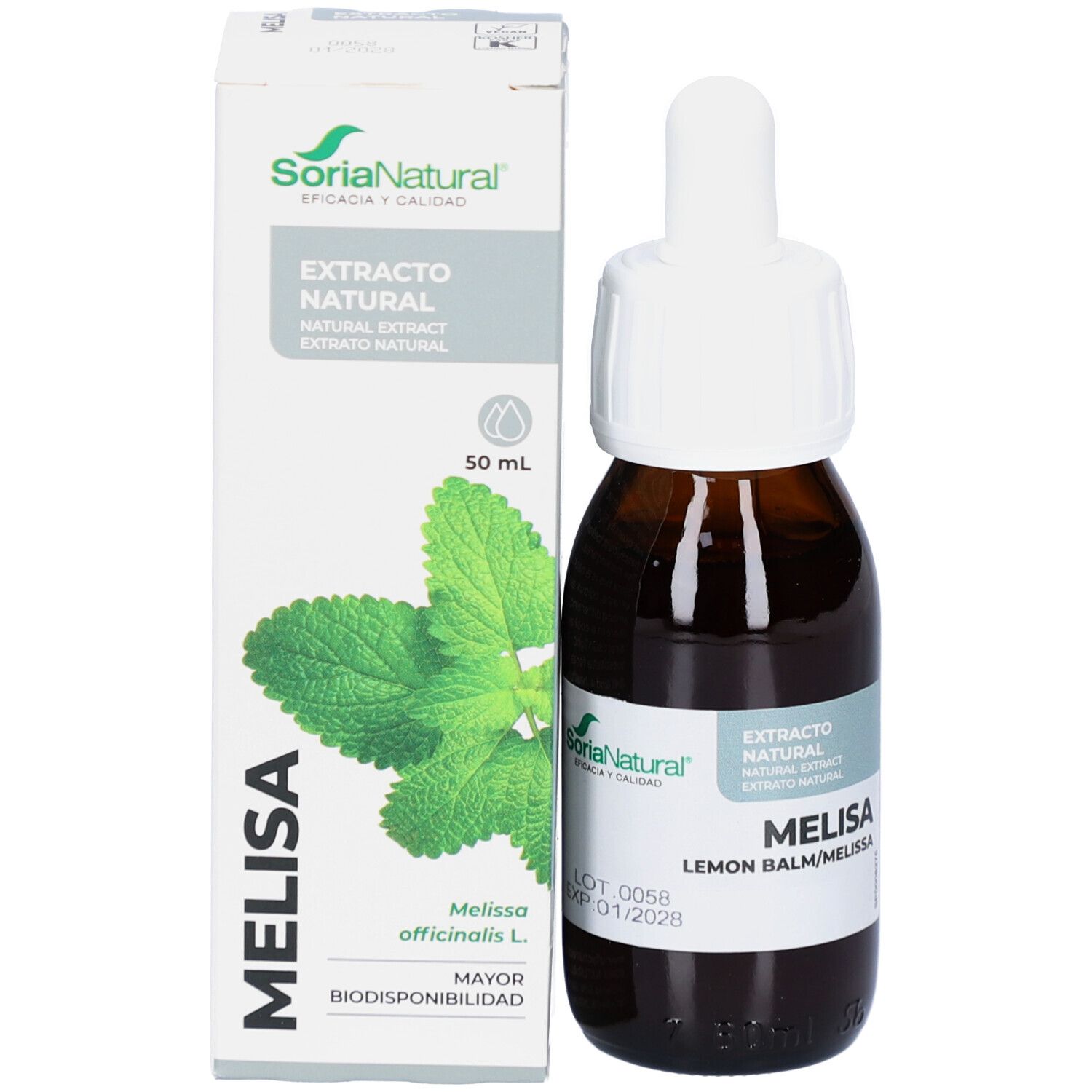 Bruine fles met witte dop en pipet naast een witte doos. Op de doos: merk SoriaNatural, MELISA.